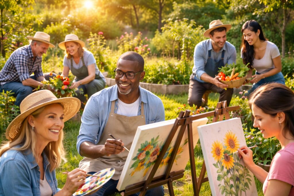 Top 8 Healthy Habits healthy habits lifestyle with people painting and gardening outdoors for relaxation and wellness.