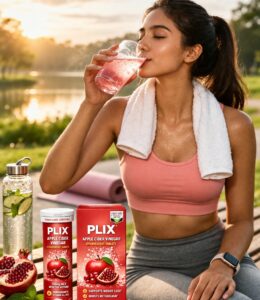 woman drinking plix weight loss effervescent tablet solution for wellness