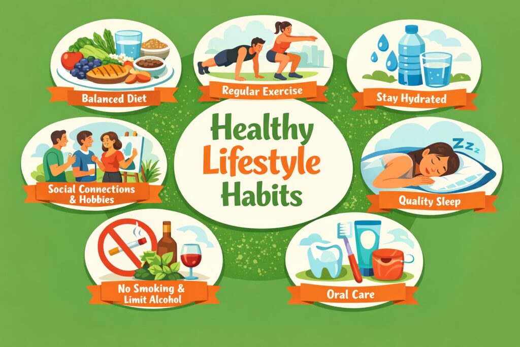 healthy lifestyle habits including balanced diet, exercise, hydration, sleep, oral care, avoiding smokingalcohol, and socialising.