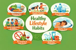 healthy lifestyle habits including balanced diet, exercise, hydration, sleep, oral care, avoiding smokingalcohol, and socialising.