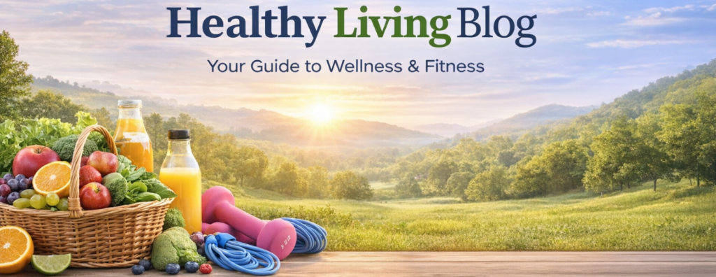 Healthy living lifestyle with fruits, vegetables, fitness equipment and sunrise landscape