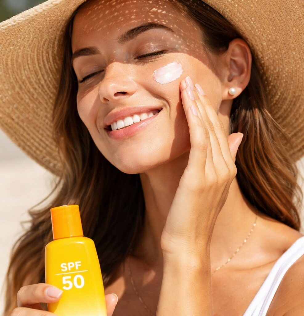 person applying sunscreen for healthy skin protection
